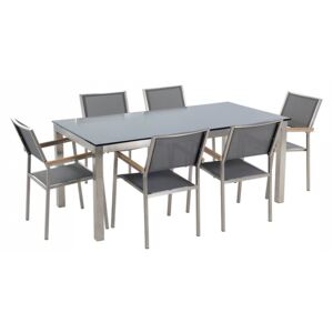 Stół szklany czarny - 180 cm - z 6 szarymi krzesłami - GROSSETO