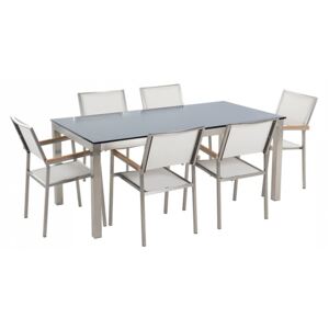 Stół szklany czarny - 180 cm - z 6 białymi krzesłami - GROSSETO