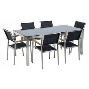 Stół szklany czarny - 180 cm - z 6 czarnymi krzesłami - GROSSETO