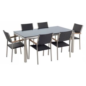 Stół szklany czarny - 180 cm - z 6 rattanowymi krzesłami - GROSSETO