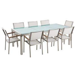 Stół szklany - do ogrodu - 220 cm - z 8 białymi krzesłami - GROSSETO