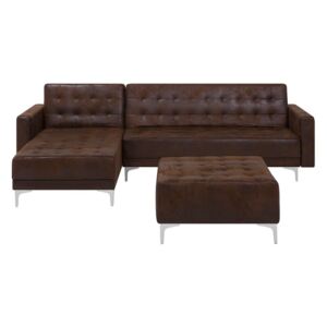 Sofa rozkładana imitacja skóry Old Style brąz prawostronna z otomaną ABERDEEN