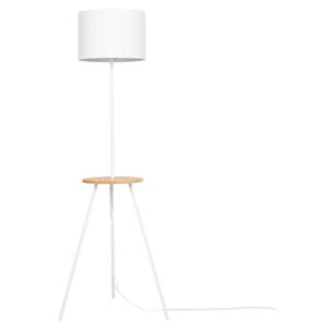 Lampa stojąca biała jasne drewno 148 cm stolik metalowy trójnóg okrągły abażur nowoczesna Beliani