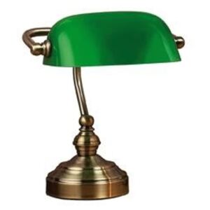 Zielona lampa stołowa z podstawą w kolorze mosiądzu Markslöjd Bankers, wys. 25 cm