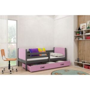 Łóżko z szufladą i materacem TAMI 200x90cm, kolor szaro-różowy