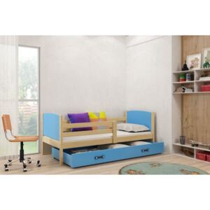 Łóżko z szufladą i materacem TAMI 200x90cm, kolor sosna-niebieski