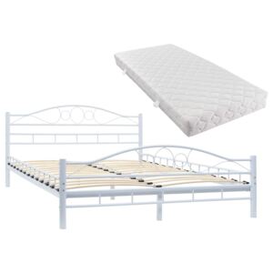 Łóżko z materacem, białe, metalowe, 140 x 200 cm