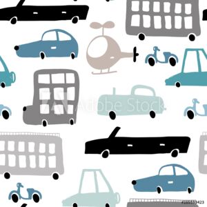 Fototapeta Jednolite wzór z ręcznie rysowane transportu Cartoon samochodów, ilustracji wektorowych