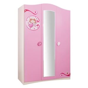 Szafa Little Princess z lustrem, 3 drzwiowa, z płyty wiórowej, dł.133 x szer.54 x wys.203 cm, różowy/ naturalny
