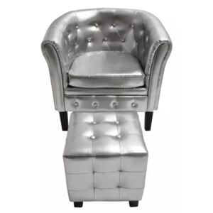 Półokrągły fotel z podnóżkiem, skóra syntetyczna, srebrny