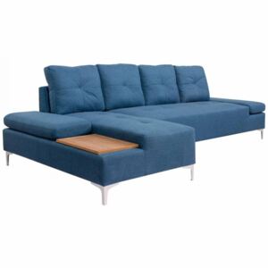 Sofa w kształcie L, niebieska, taca drewniana, XXL, 300 cm