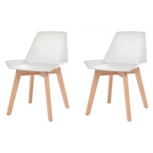 Komplet 2 krzeseł, drewniane nogi i białe, plastikowe siedziska