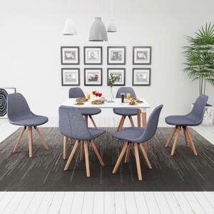 Zestaw mebli do jadalni 7 elementów biały stół i pokryte materiałem jasno szare krzesła
