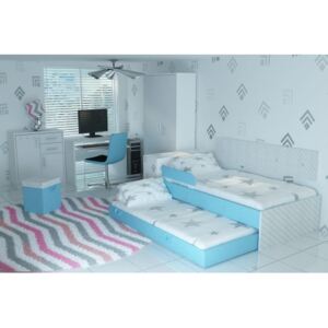 Łóżko dla dziecka piętrowe-wysuwane Luno + panel ścienny tapicerowane skórą ekologiczną oraz tkaniną - 6 kolorów