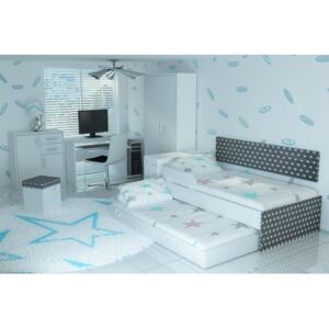 Łóżko dla dziecka piętrowe-wysuwane Lovi + panel ścienny - 2 kolory tapicerowane tkaniną