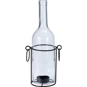 Świecznik na tealight w kształcie szklanej butelki w kolorze przezroczystym na metalowym stojaku