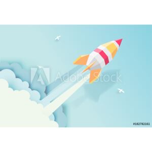 Fototapeta Rakieta, globus, chmury, niebo, styl sztuka papier z pastelowych kolorów ilustracji