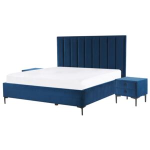 Zestaw mebli do sypialni niebieski tapicerowany welur łóżko z pojemnikiem 160 x 200 cm 2 szafki nocne Beliani