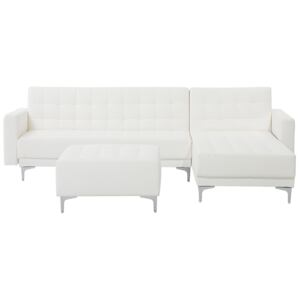 Sofa rozkładana skóra ekologiczna biała lewostronna z otomaną ABERDEEN