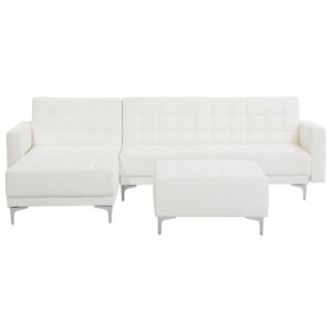 Sofa rozkładana skóra ekologiczna biała prawostronna z otomaną ABERDEEN