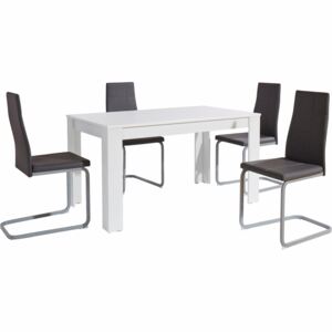 Nowoczesny zestaw, biały stół i 4 czarne krzesła na płozach