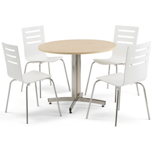 Zestaw do jadalni, stół Ø 900 mm, buk + 4 krzesła, biały