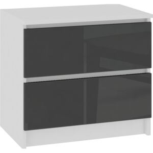 Komoda K60, 2 szuflady, grafitowa akryl biała wysoki połysk, 60x40x55 cm