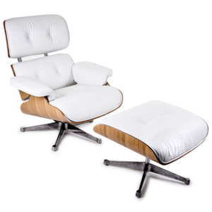 Fotel z podnóżkiem Biała Skóra Naturalna Inspirowany Projektem Lounge Chair