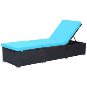 Leżak z niebieską poduszką, 195x60x31 cm, czarny polirattan