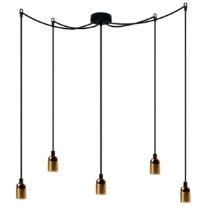Lampa wisząca z 5 czarnymi kablami i oprawą żarówki w kolorze złota Bulb Attack Uno Cassie