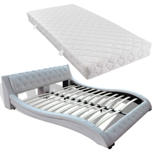 270763 vidaXL Białe łóżko ze sztucznej skóry z materacem 140 x 200 cm - falowane