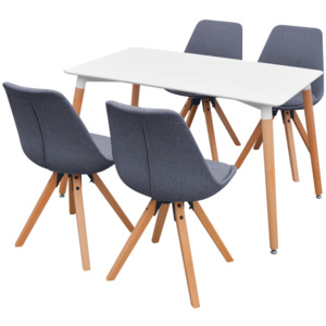 Zestaw mebli do jadalni 5 elementów biały stół i pokryte materiałem jasno szare krzesła