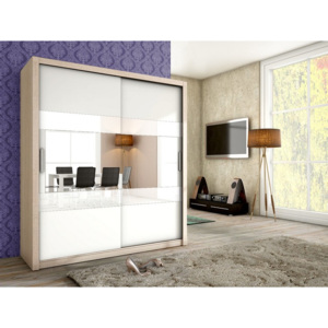MEBLINE Nowoczesna szafa przesuwna ALDO 180 z lustrem sonoma + białe szkło do sypialni