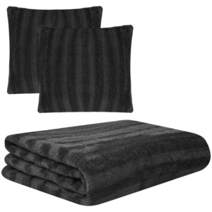Komplet trzyczęściowy: koc i poszewki na poduszki ze sztucznego futra, czarny