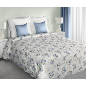 Narzuty dwustronne na łóżko w kolorze białym z niebieskimi kwiatami