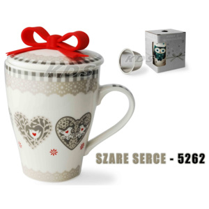 Kubek porcelanowy z zaparzaczem kokardka 350ml szare serce 5262