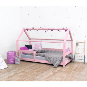 Różowe łóżko dziecięce z drewna świerkowego z barierkami Benlemi Tery, 90x160 cm