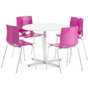 Zestaw do stołówki TILO + JUNO, okrągły stół, 4 krzesła, fioletowy