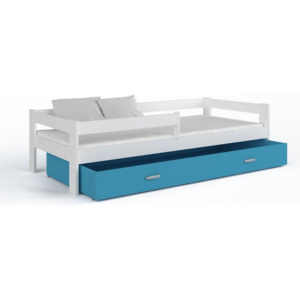 Małe łóżko dziecięce z materacem Kuzco 2 z pojemnikiem 160x80 niebiesko białe