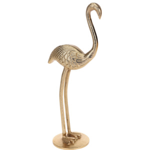 Złota figurka flaminga, okrągła podstawa, dekoracja, 42 cm wysokości, stylowa, dbałość o szczegóły, aluminium, stabilna