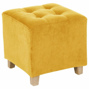 Uniwersalny, kwadratowy, welurowy puf o kompaktowych wymiarach 35 x 35 cm, z drewnianymi nóżkami, kolor obicia żółty (musztardowy)