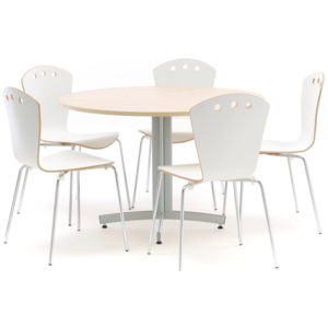 Zestaw do stołówki, stół Ø1100 mm, brzoza + 5 krzeseł, biały/szary