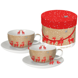 Zestaw 2 filiżanek na cappuccino z porcelany kostnej ze świątecznym motywem w ozdobnym opakowaniu PPD Make a Wish, 200 ml