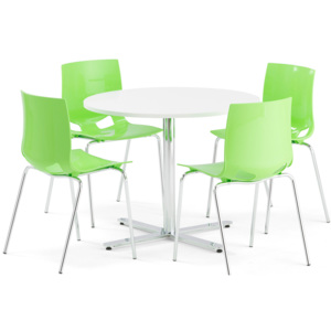 Zestaw do stołówki TILO + JUNO, okrągły stół, 4 krzesła, zielony