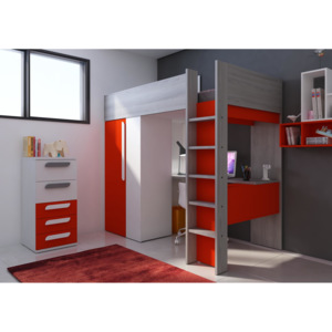 Łóżko piętrowe z szafą i biurkiem B, czerwony
