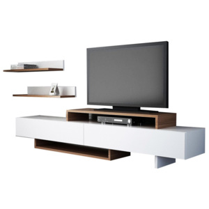 Komplet białej szafki pod TV i półki z dekorem drewna tekowego Nirvanas