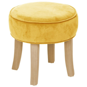 Taboret w kolorze musztardowym, niewielki stołek z sosnowymi nogami, uniwersalny podnóżek