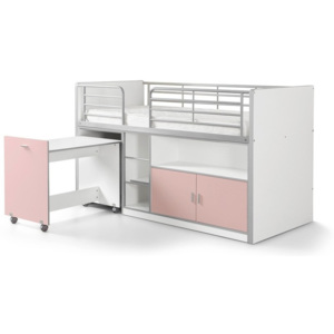 Biało-różowe łóżko piętrowe z wysuwanym biurkiem i schowkiem Vipack Bonny, 200x90 cm