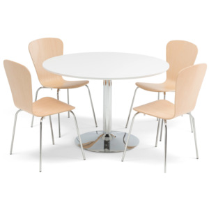 Zestaw mebli do stołówki, stół Ø1100 mm, biały, chrom + 4 krzesła buk