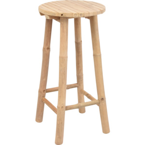 Bambusowy stołek barowy, okrągłe siedzisko, kolor brązowy, stabilny, podpórki na stopy, 70 cm wysokości, 35 cm średnicy